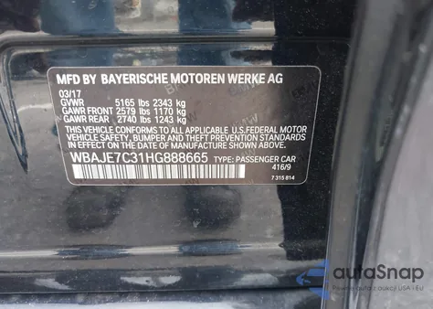 2017 BMW 540I xDrive z USA, uszkodzony, nr VIN WBAJE7C31HG888665